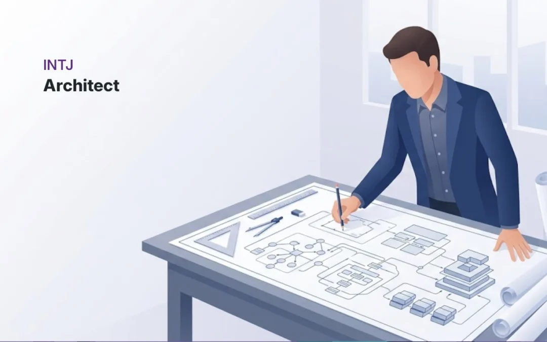 INTJ personality type illustration showing a professional reviewing a system blueprint on a drafting table