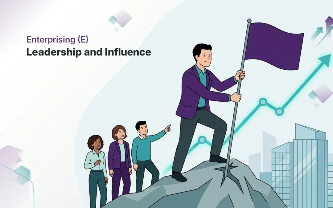 Illustration of Enterprising (E) Holland Code personality type leading and achieving goals, symbolized by planting a flag on a hilltop.