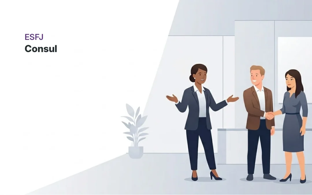 ESFJ personality type illustration showing a professional facilitating collaboration among a diverse team