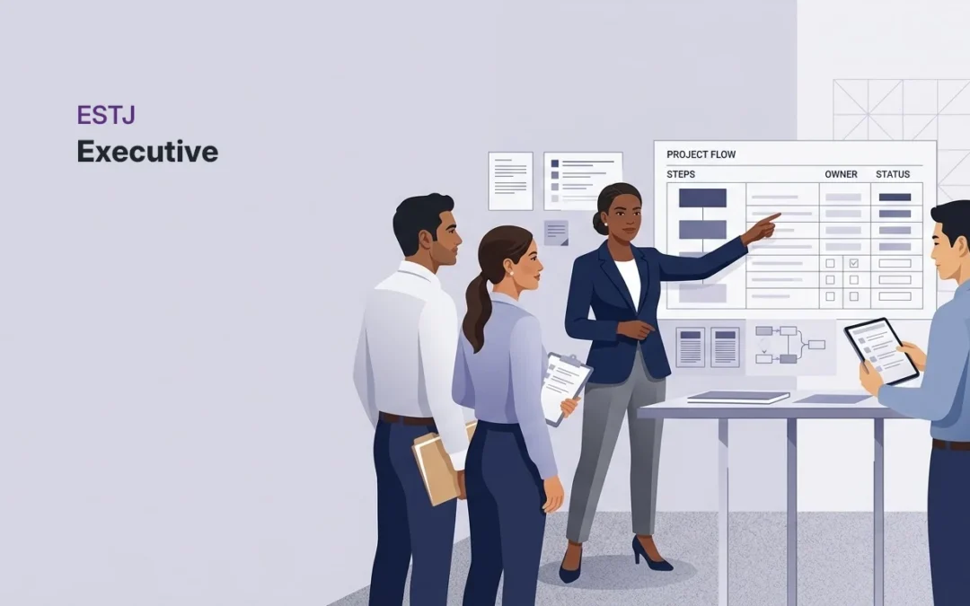 ESTJ personality type illustration showing a professional coordinating a team in a structured work environment