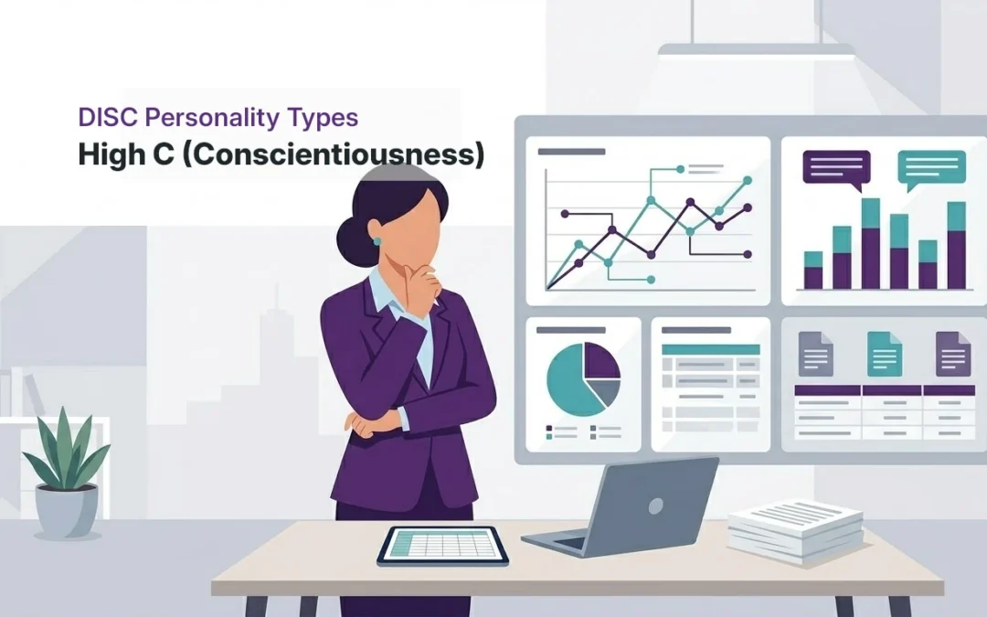 Illustration representing a High C personality in the DISC model analyzing data and focusing on detail and accuracy.