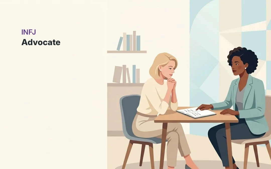 INFJ personality type illustration showing a professional thoughtfully guiding another person in a calm setting