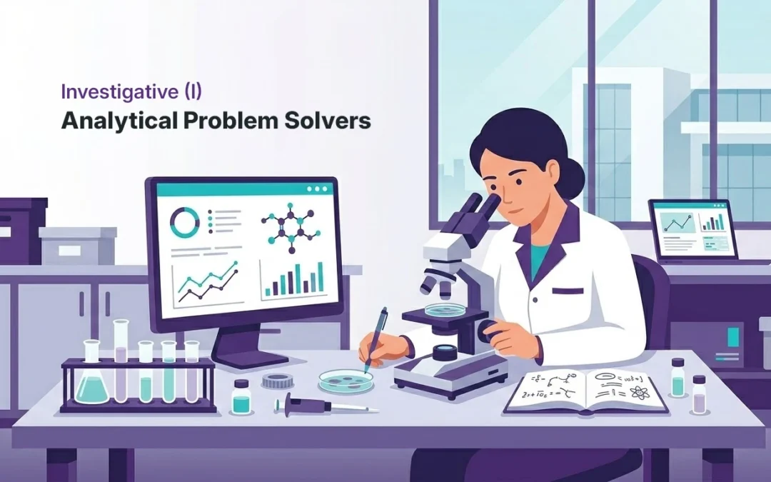 Illustration of an Investigative (I) Holland Code personality type analyzing research data in a laboratory workspace.