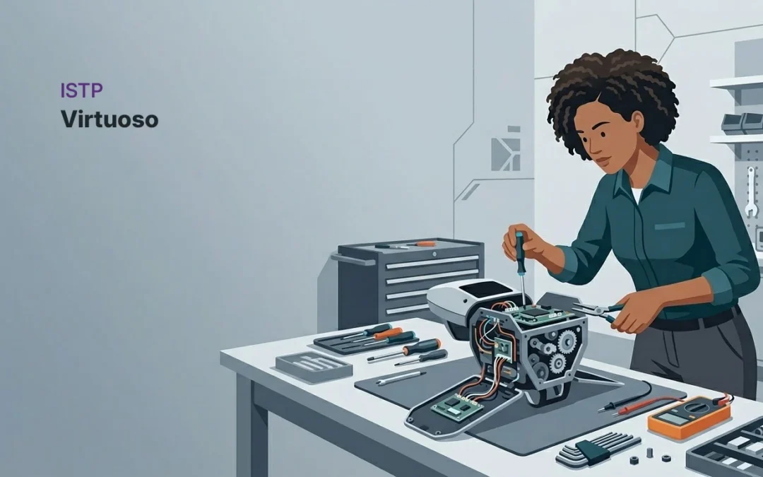 ISTP personality type illustration showing a professional solving a hands-on technical problem