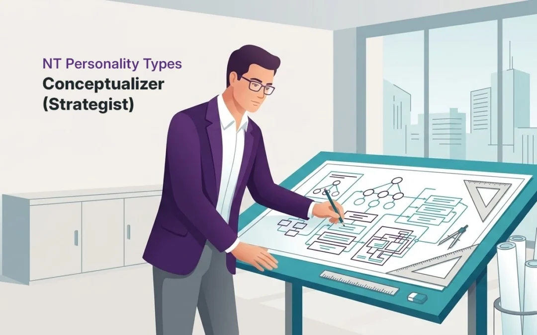 Professional strategist reviewing a complex blueprint on a drafting table, illustrating NT conceptualizer personality types at work.