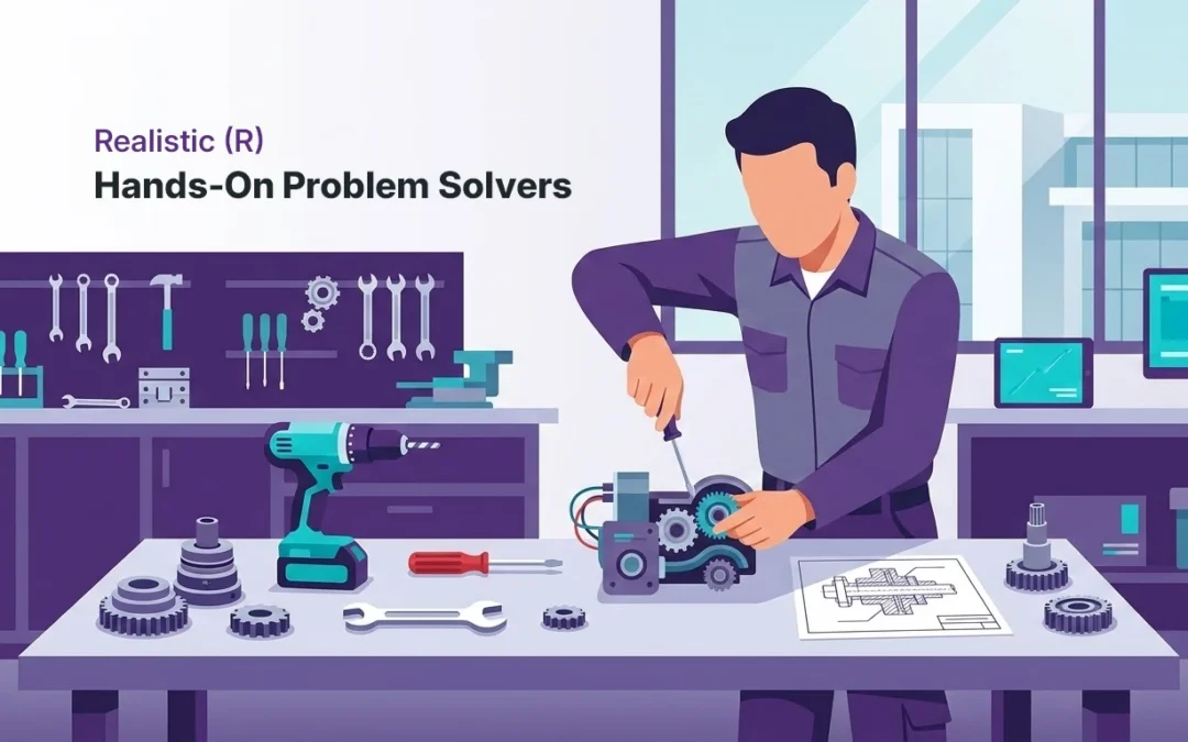 Illustration of a Realistic (R) Holland Code personality type working at a workshop bench using tools and mechanical equipment.