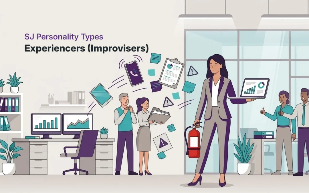 Professional calmly handling multiple incoming tasks while coworkers pass phones, folders, and alerts, illustrating the adaptable problem-solving style of SP Experiencer personalities.