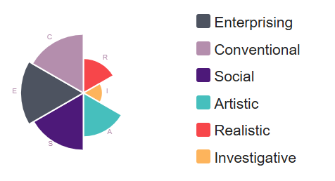 Holland RIASEC personality profile showing Enterprising and Conventional as dominant traits