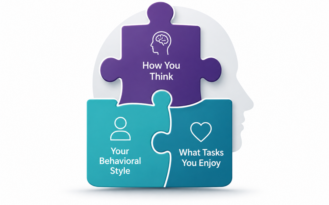 Three puzzle pieces labeled how you think, your behavioral style, and what tasks you enjoy forming a complete picture of personality