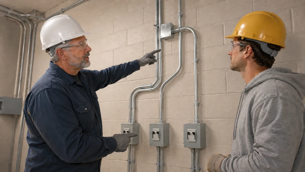 Experienced master electrician giving feedback and instruction to an apprentice at a commercial electrical panel.