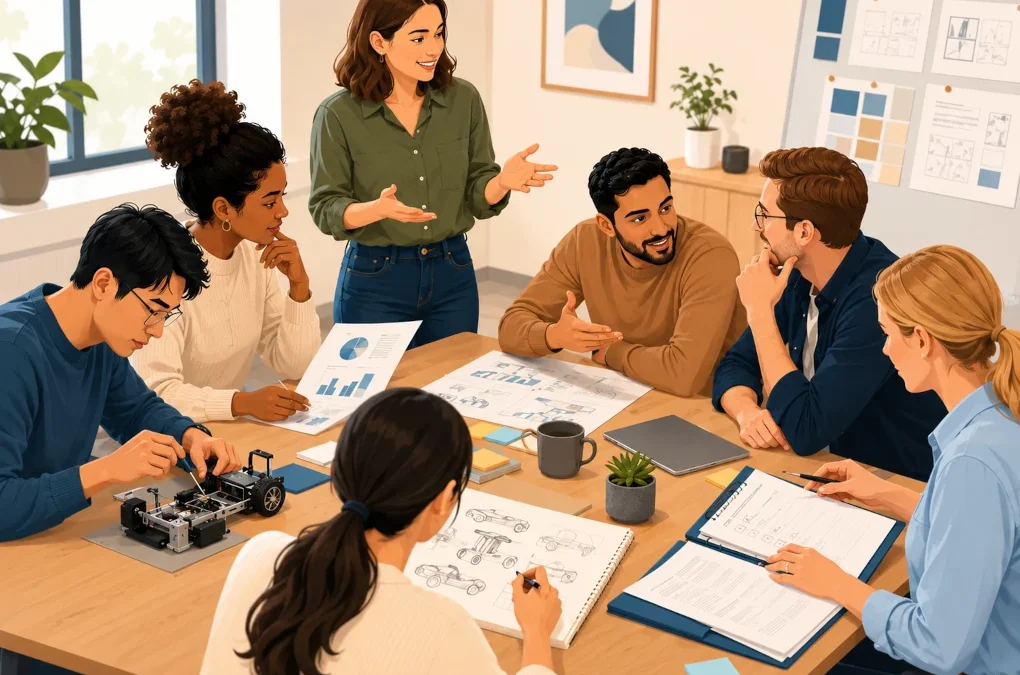 Six coworkers contributing to a team project in different ways based on their Holland Code work interests.