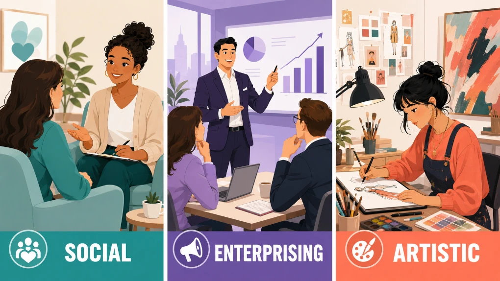 Three-panel illustration showing Social, Enterprising, and Artistic Holland Code career interests through coaching, leadership, presentation, and creative design work.