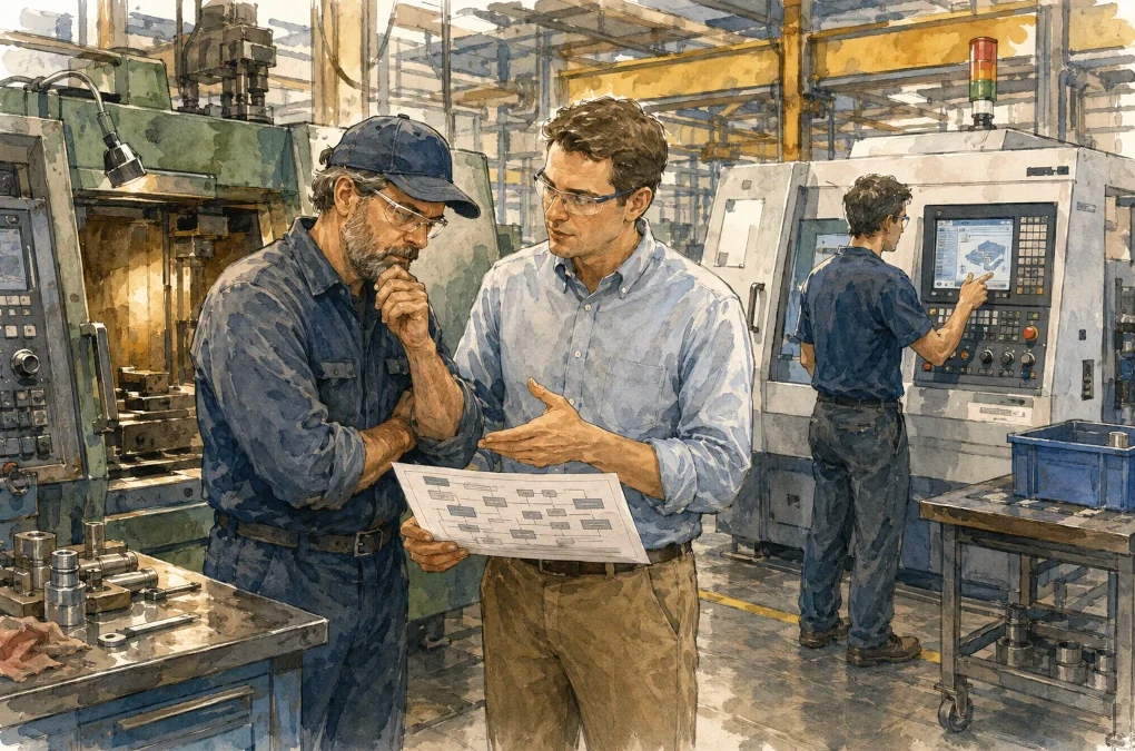 Experienced manufacturing employee discussing a new production process with a supervisor during a workplace change.