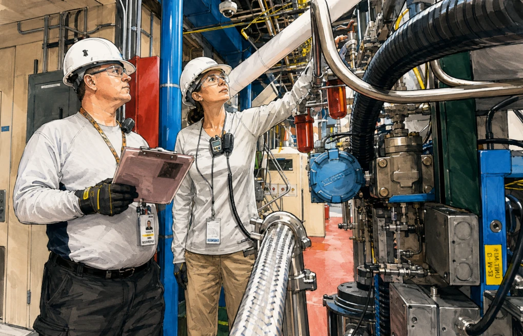 Production, quality, maintenance, and engineering employees reviewing a workplace decision together.