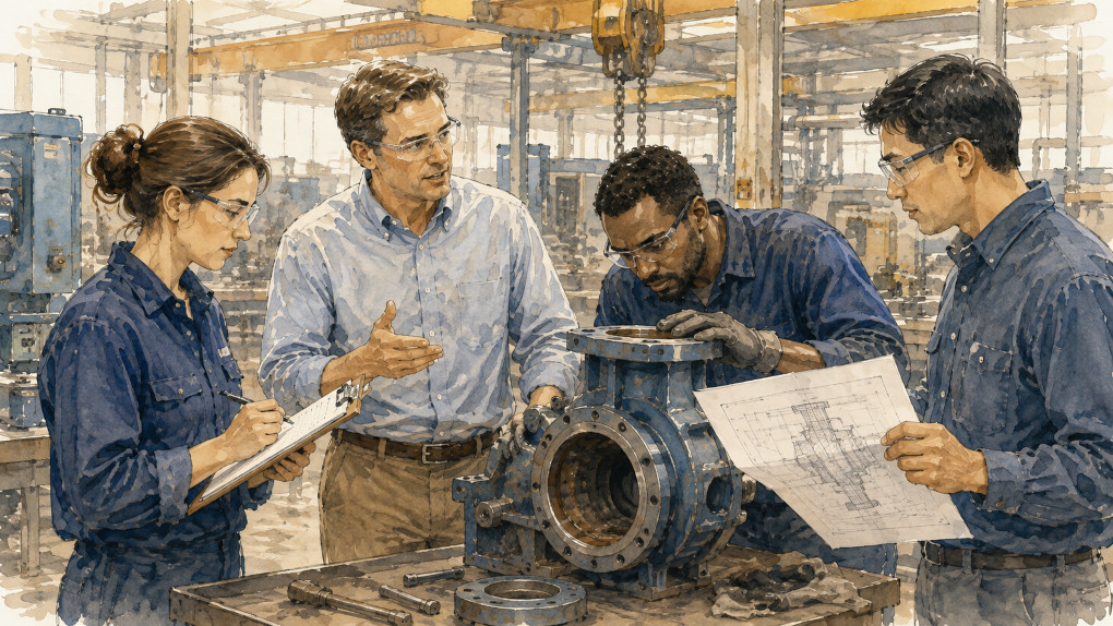 Supervisor and technical employees dividing responsibilities during an industrial equipment project.