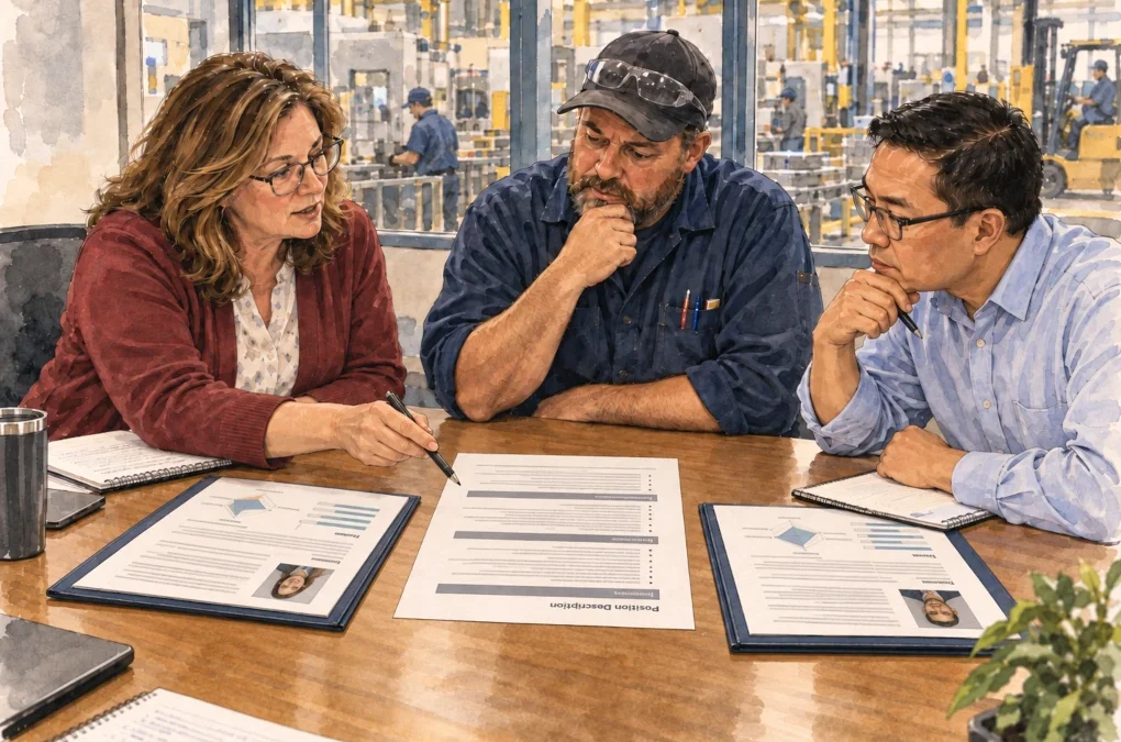 Hiring managers comparing two qualified candidates against job requirements using structured evaluation and personality assessment information.
