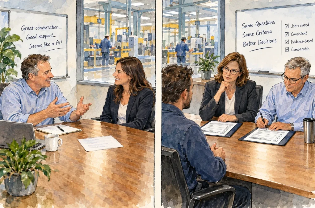 Comparison of an informal job interview and a structured interview using consistent questions and evaluation criteria.