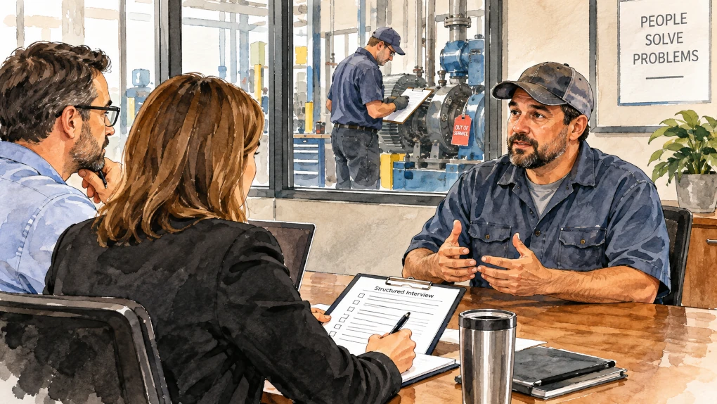 Structured interview with a maintenance supervisor candidate discussing a workplace issue while two interviewers evaluate his response.