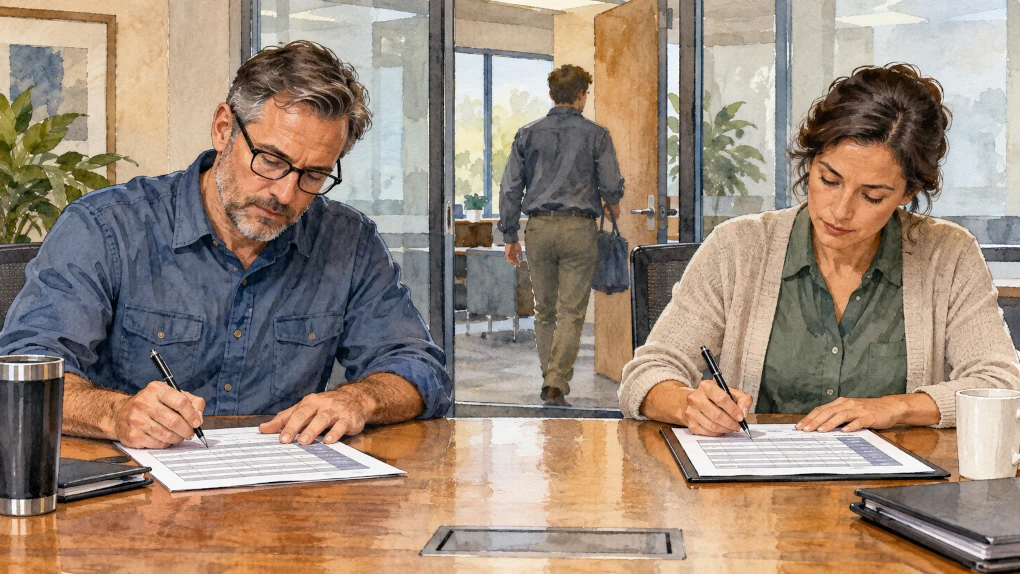 Two interviewers independently completing structured interview scorecards after a candidate leaves the room.