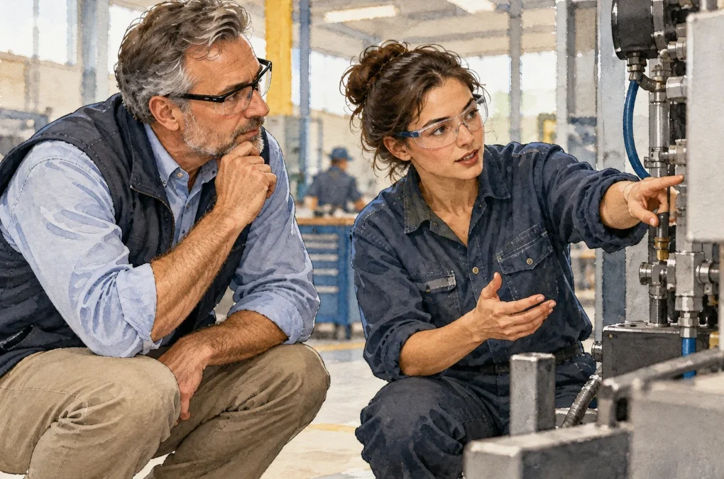Senior manager attentively listening as a younger technician explains equipment in an industrial workplace.