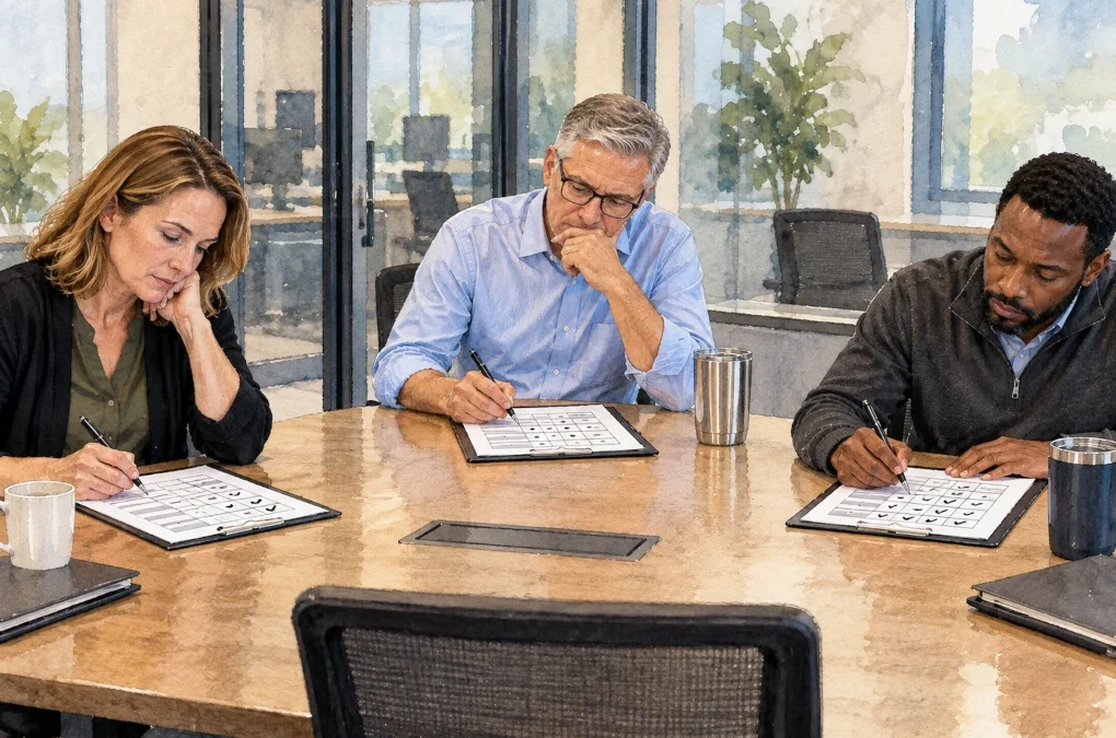Three interviewers independently completing structured interview scorecards after meeting with the same candidate.
